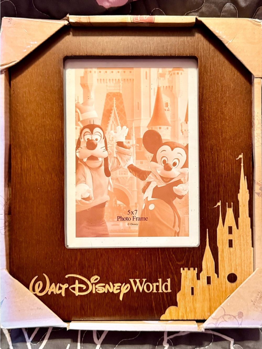 Disney Walt Disney World Brown Wooden Photo Frame with Castle Accent new in box